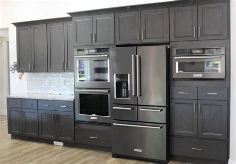 black stainless steel appliances with gray cabinets|black stainless steel black cabinets.